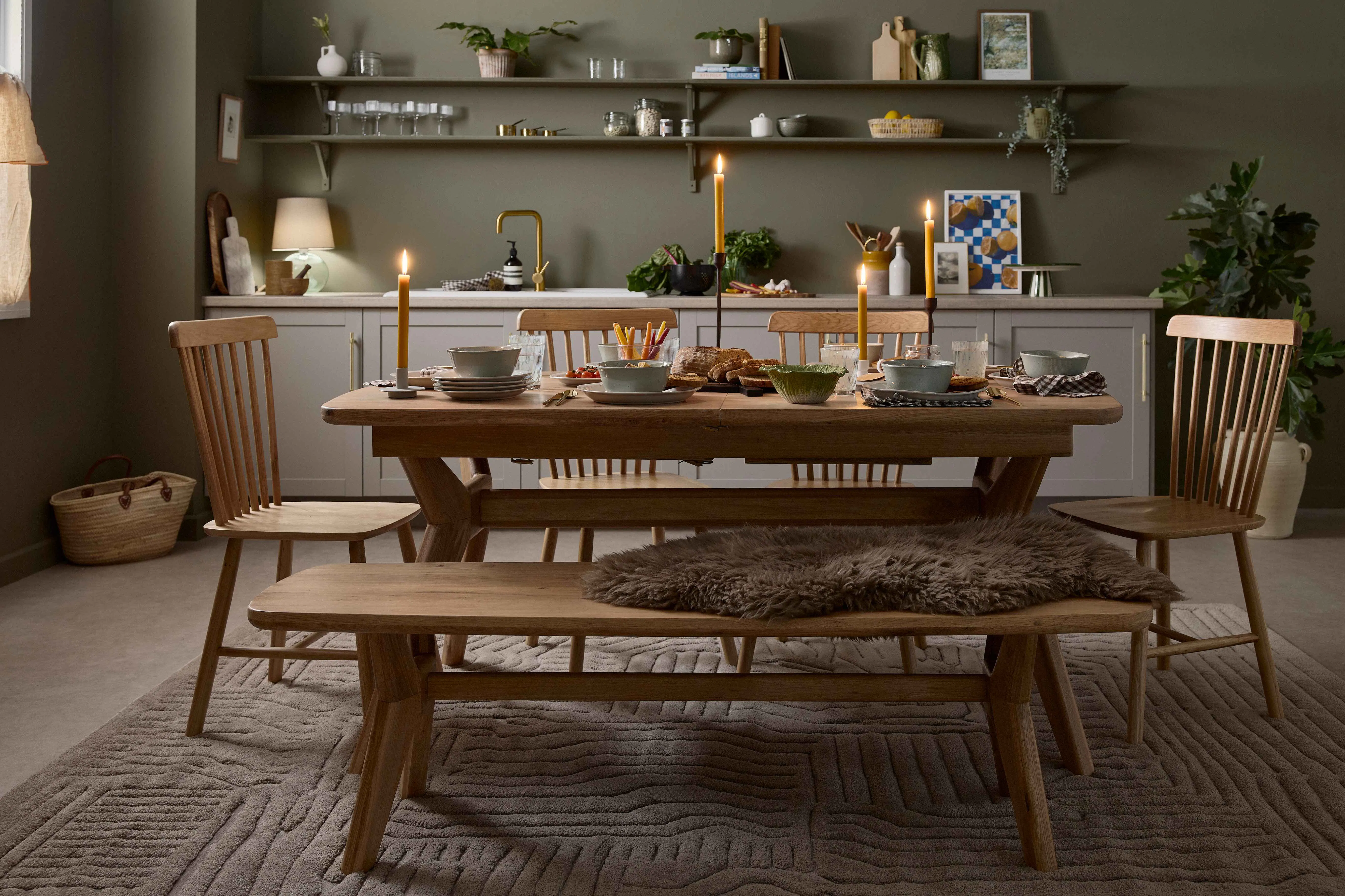 Oak Furnitureland dining room with Bentley dining table bench and Kingham chairs