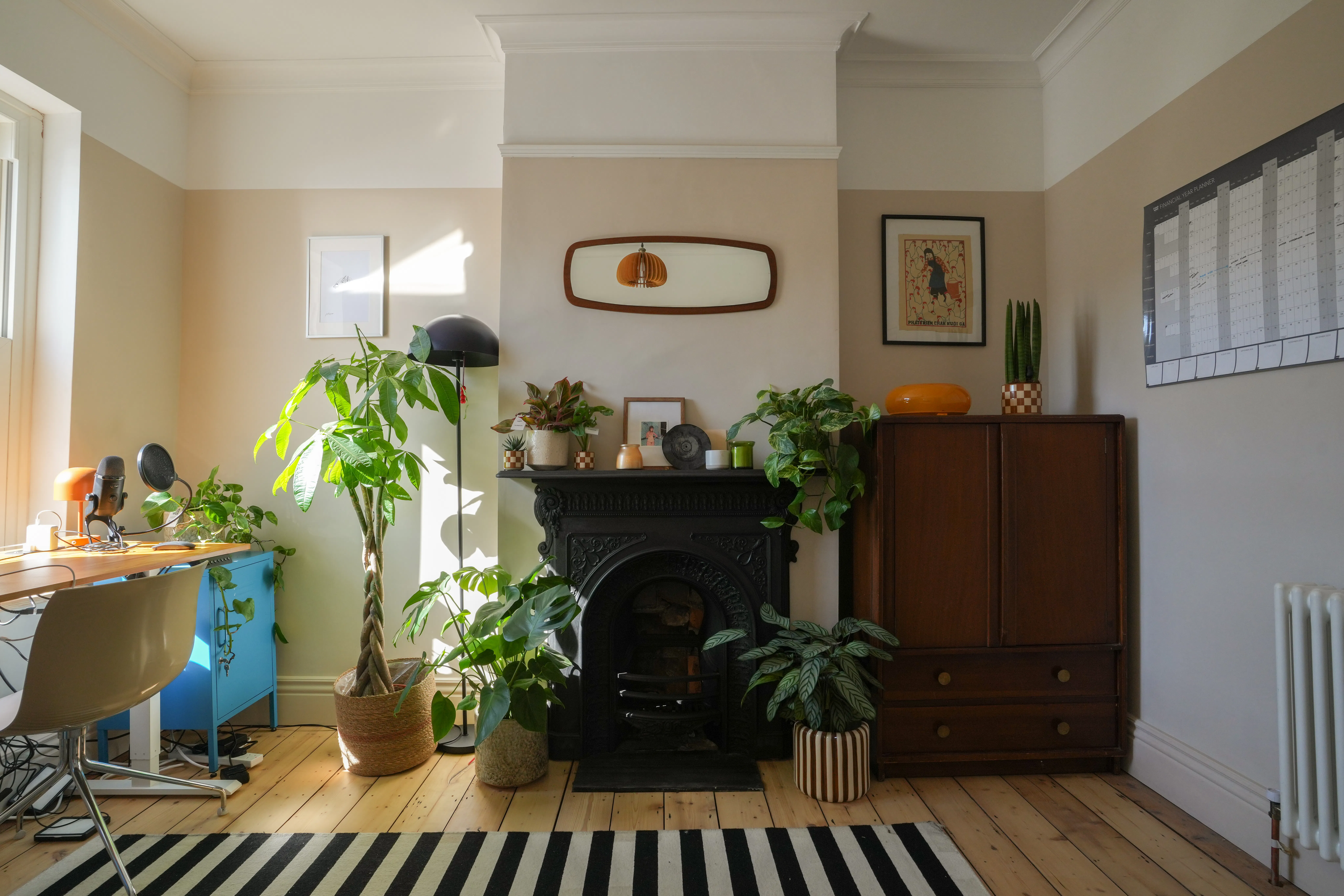 Bright room with plants around a black fireplace, wooden furniture, striped rug, and a desk by the window.