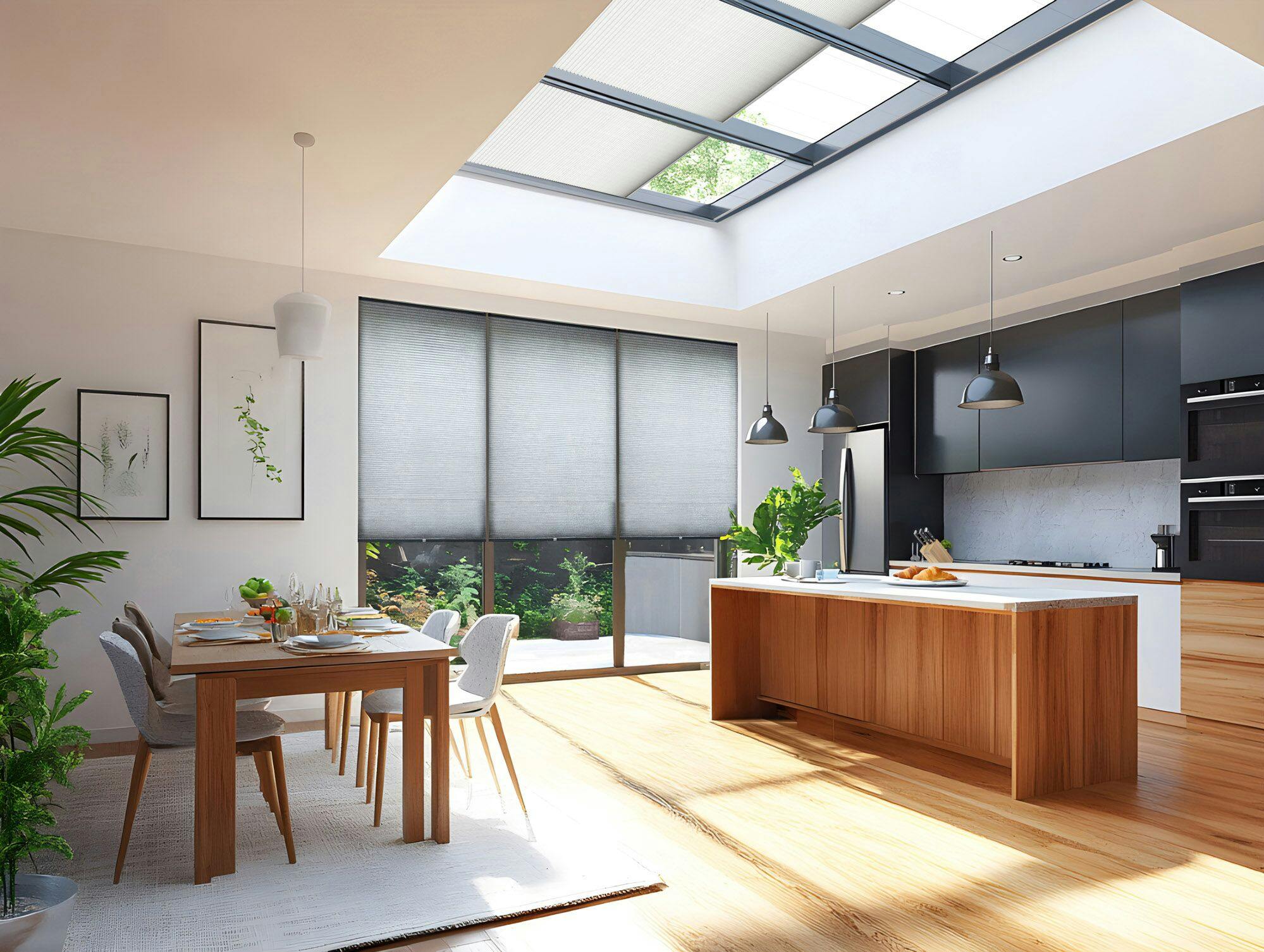 Neutral extended kitchen diner with roof lantern windows dressed in white duette blinds, side windows and doors dressed in light grey pleated blinds, wooden table and chairs, wooden kitchen units, sunlight rays fill the wooden floor.