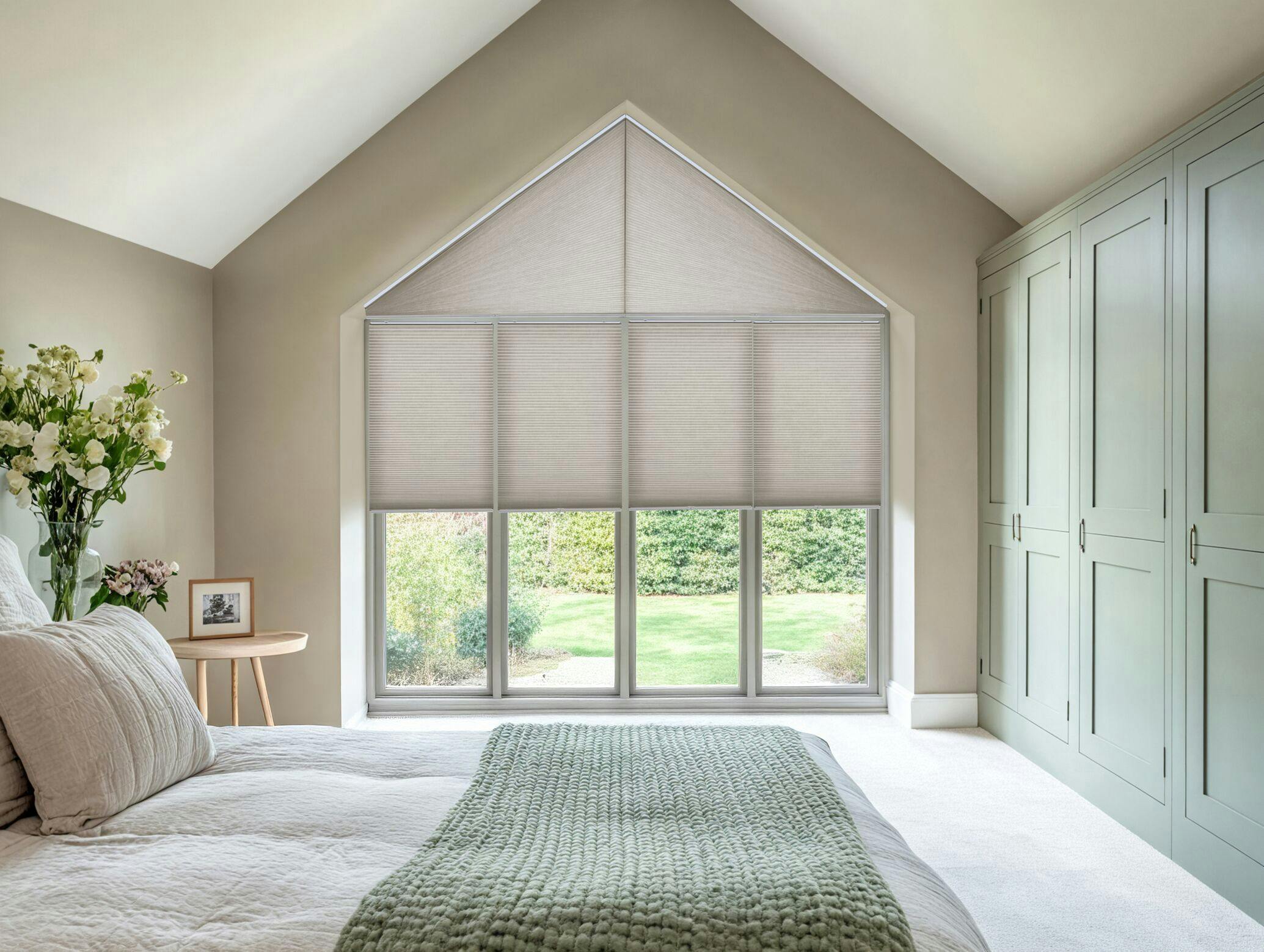 Soft neutral bedroom with large gable window featuring pale grey pleated blinds, mint-green wardrobes, and calm cream and green tones throughout.