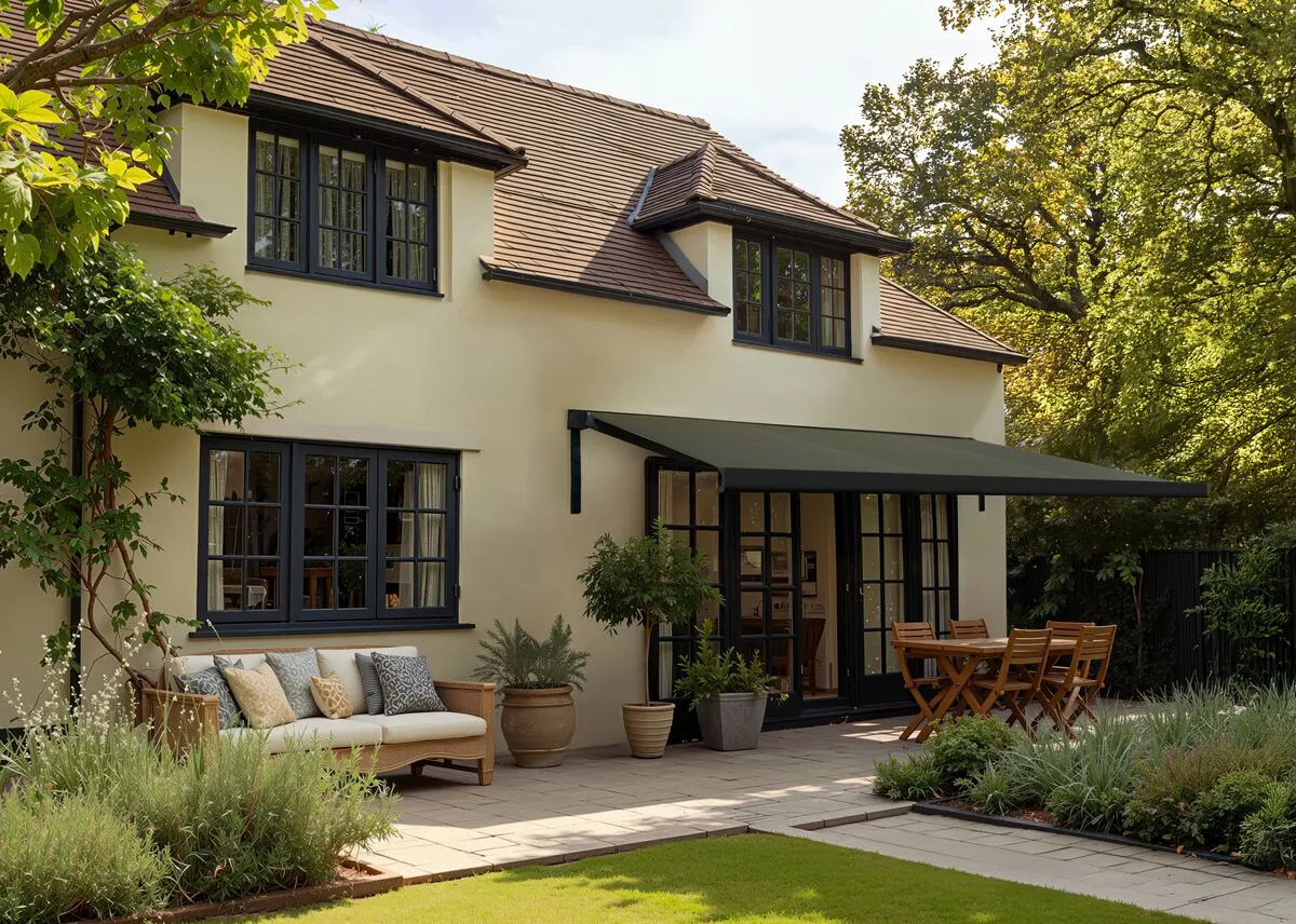 Cream house opening to a garden patio with a dark awning shading a wooden dining set, bordered by planting and a lawn.