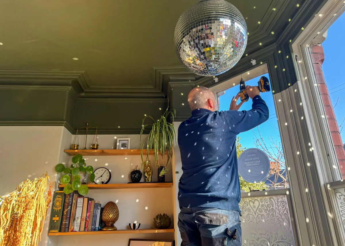 A disco ball covers a bay window, with hanging plants and frosted glass creating a cosy, leafy corner.