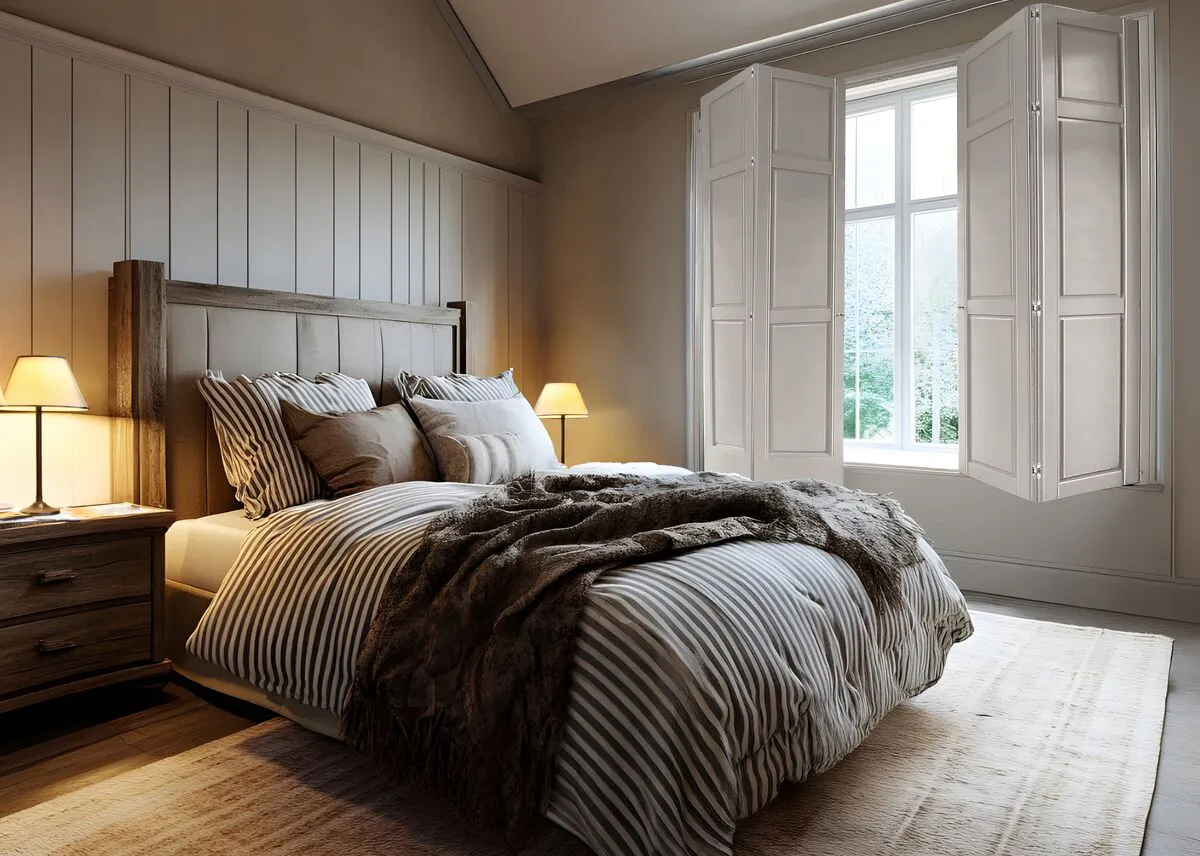 A cosy bedroom with soft lighting and a large window framed by white shutters, partly opened to let in natural light over the bed. 
