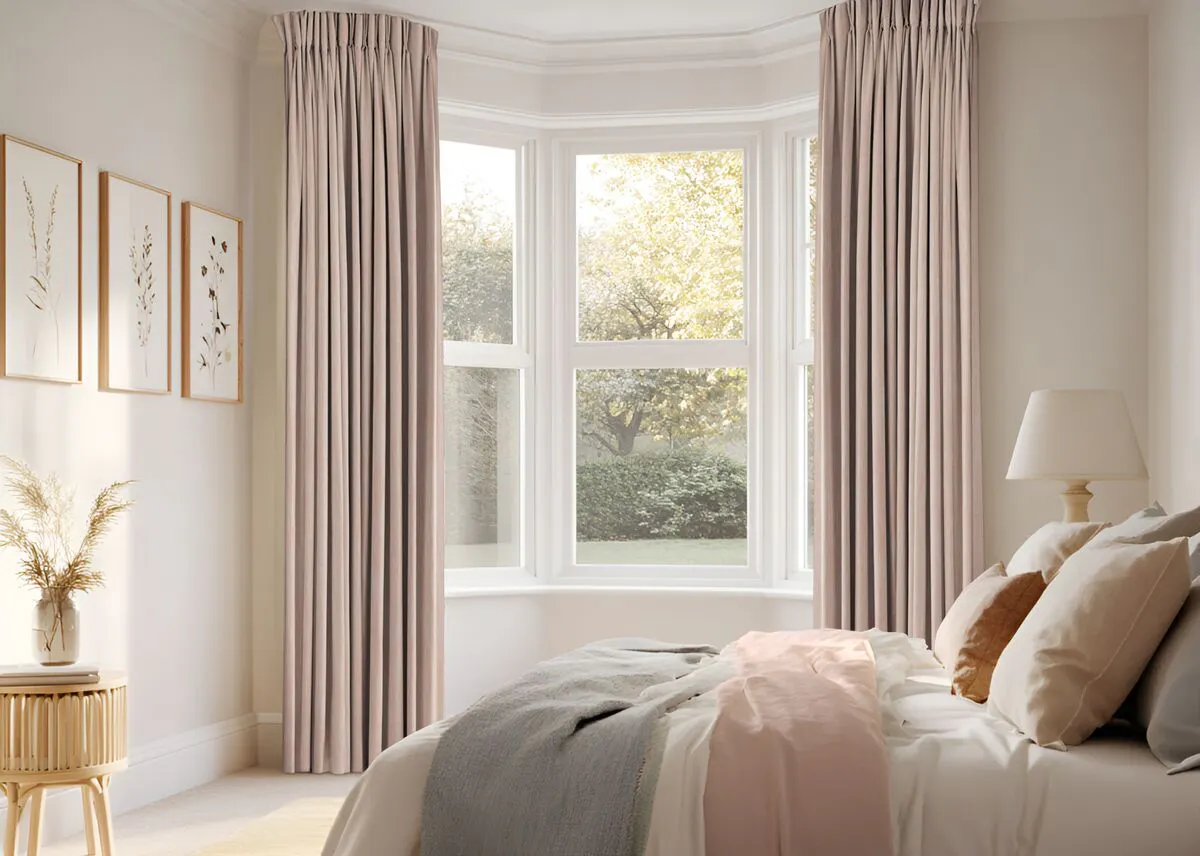Cream bedroom with bay window dressed in pale blush pink curtains, open, bed with pale blush pink bedding with pale pink and grey throws.