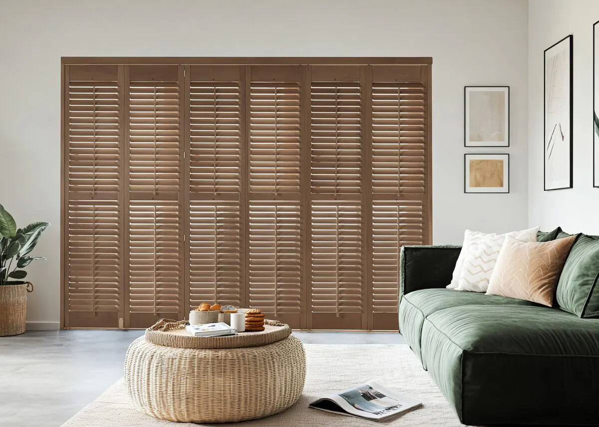 Living room with tall wooden shutters across a wide window, paired with a green sofa and a woven round coffee table.