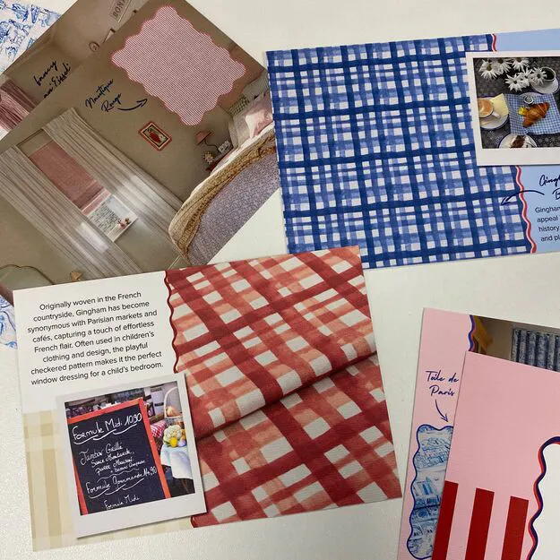 Mood board with blue and red gingham fabric samples.