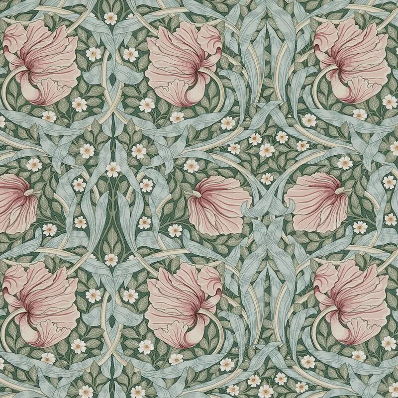 Repeating floral pattern inspired by the Arts and Crafts movement, showing intertwined stems and soft pink blooms on a green ground.