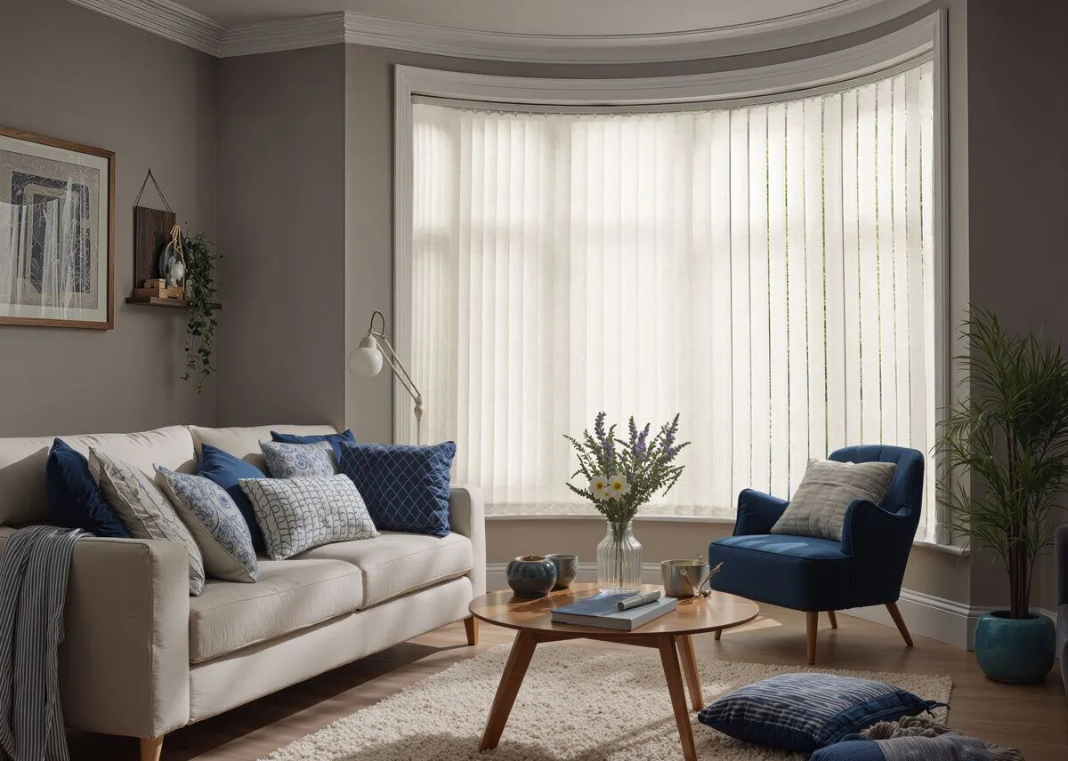 Curved bay window fitted with white Vertical blinds filtering light into a neutral living room with sofa, blue chair and wooden coffee table.