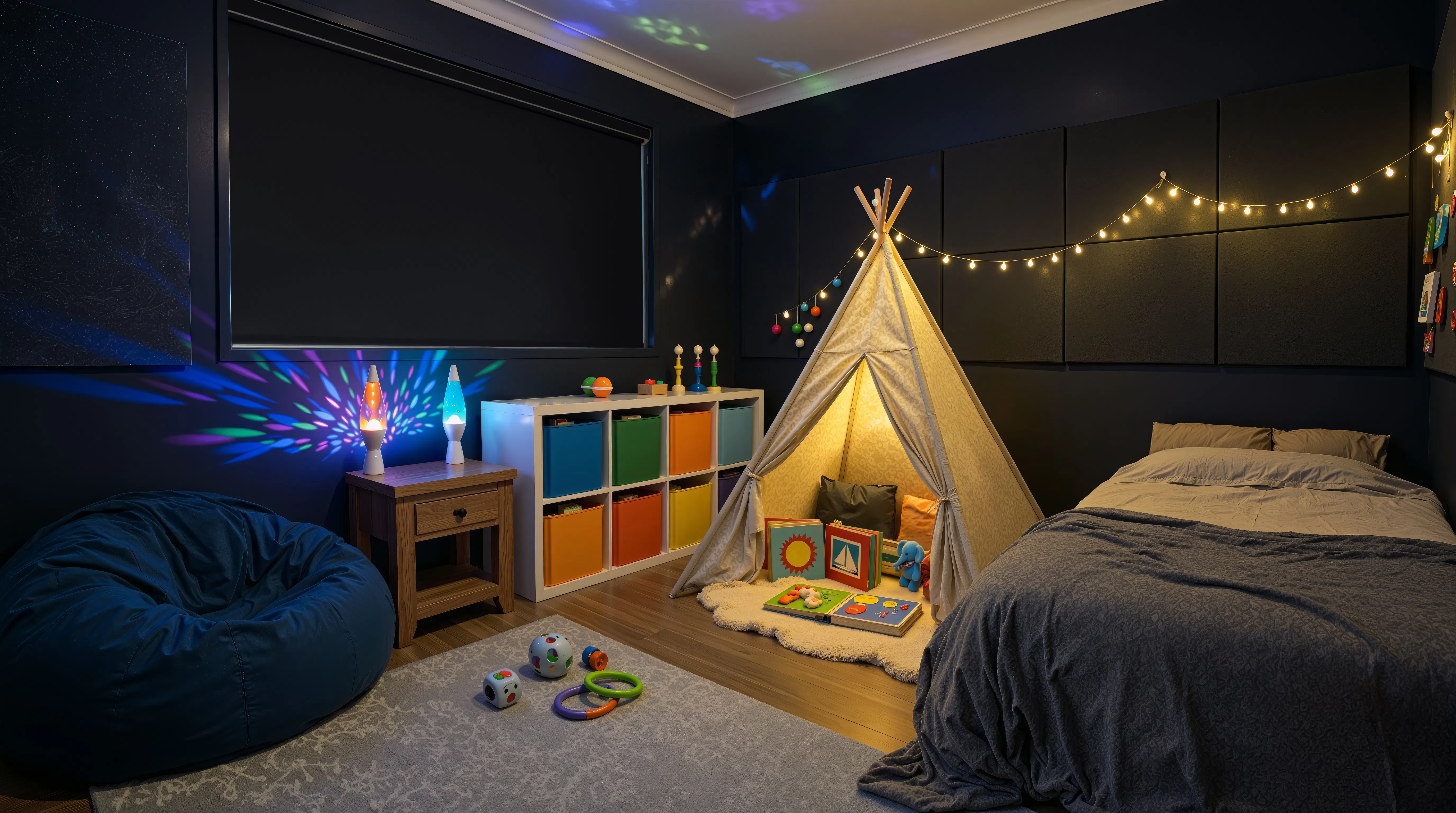 A dark, cosy bedroom corner with a blackout blind, a teepee tent lit from within, fairy lights, a bean bag and a lava lamp projecting colourful light across the ceiling.