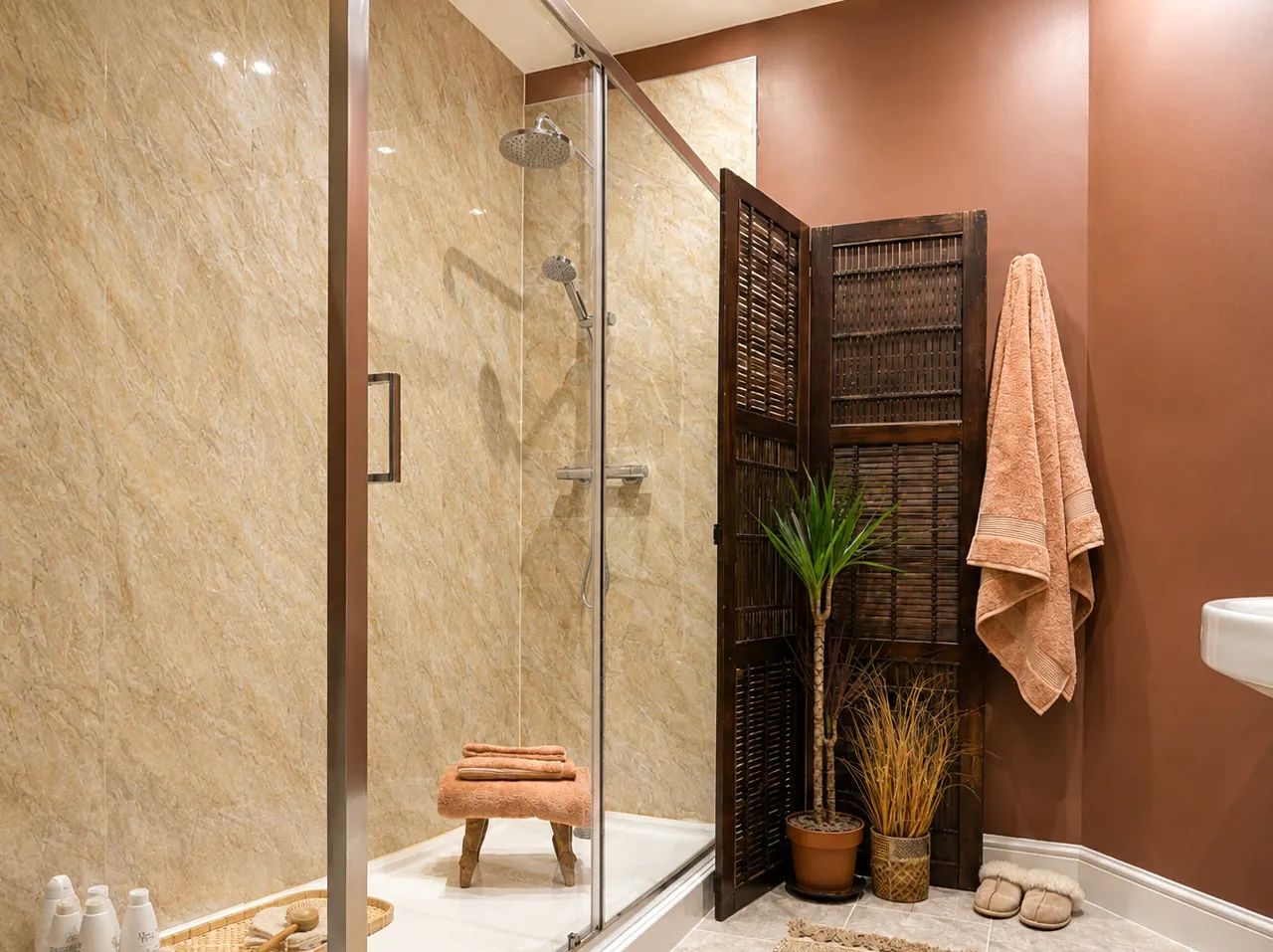Earthy bathroom with walk-in glass shower, stone-effect walls, warm brown paint, woven screen, towels and potted plants for a spa feel.