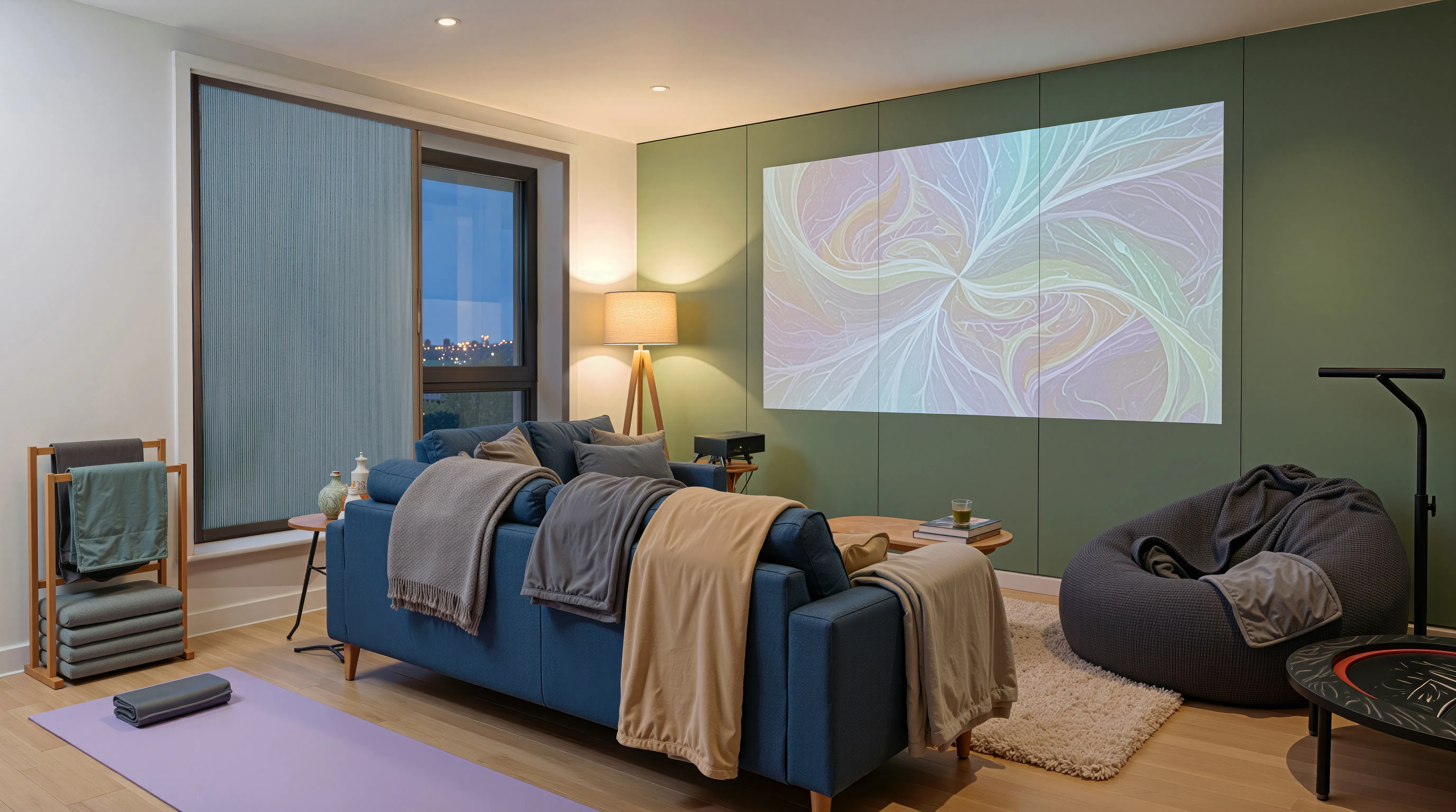 A calming living space with a Blind Screen® at the window, a large abstract light projection on a green panelled wall, a blue sofa layered with throws, and a bean bag chair.