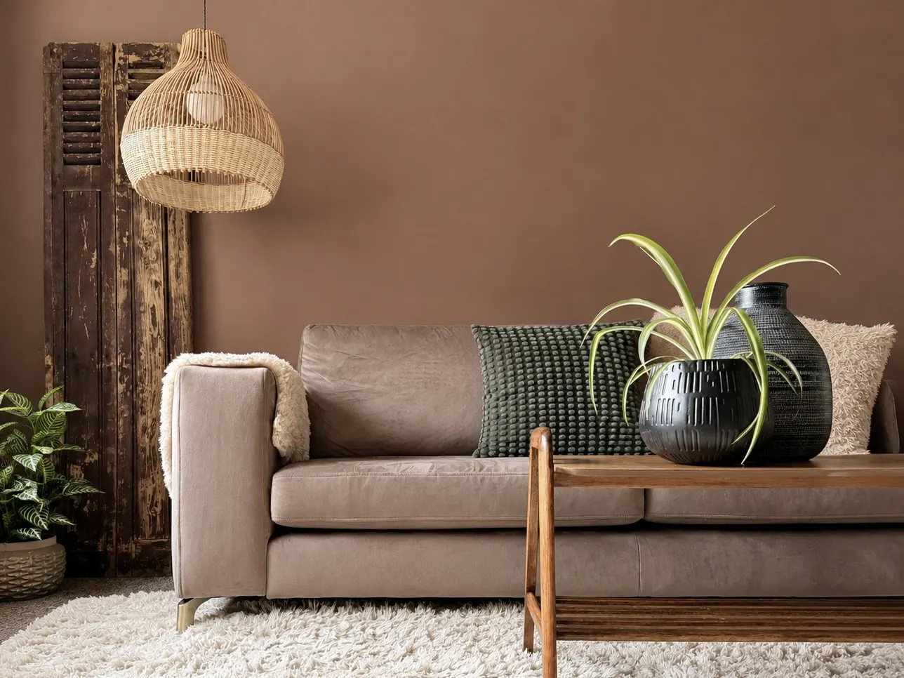 Neutral living area with soft sofa, wooden coffee table, textured rug, woven pendant light and leafy plant adding warmth and natural detail.