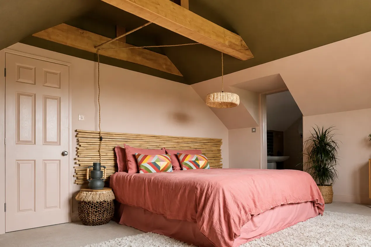 Loft bedroom with exposed wooden beams, low sloped ceiling, double bed with rust bedding, textured headboard, pendant light and neutral walls.