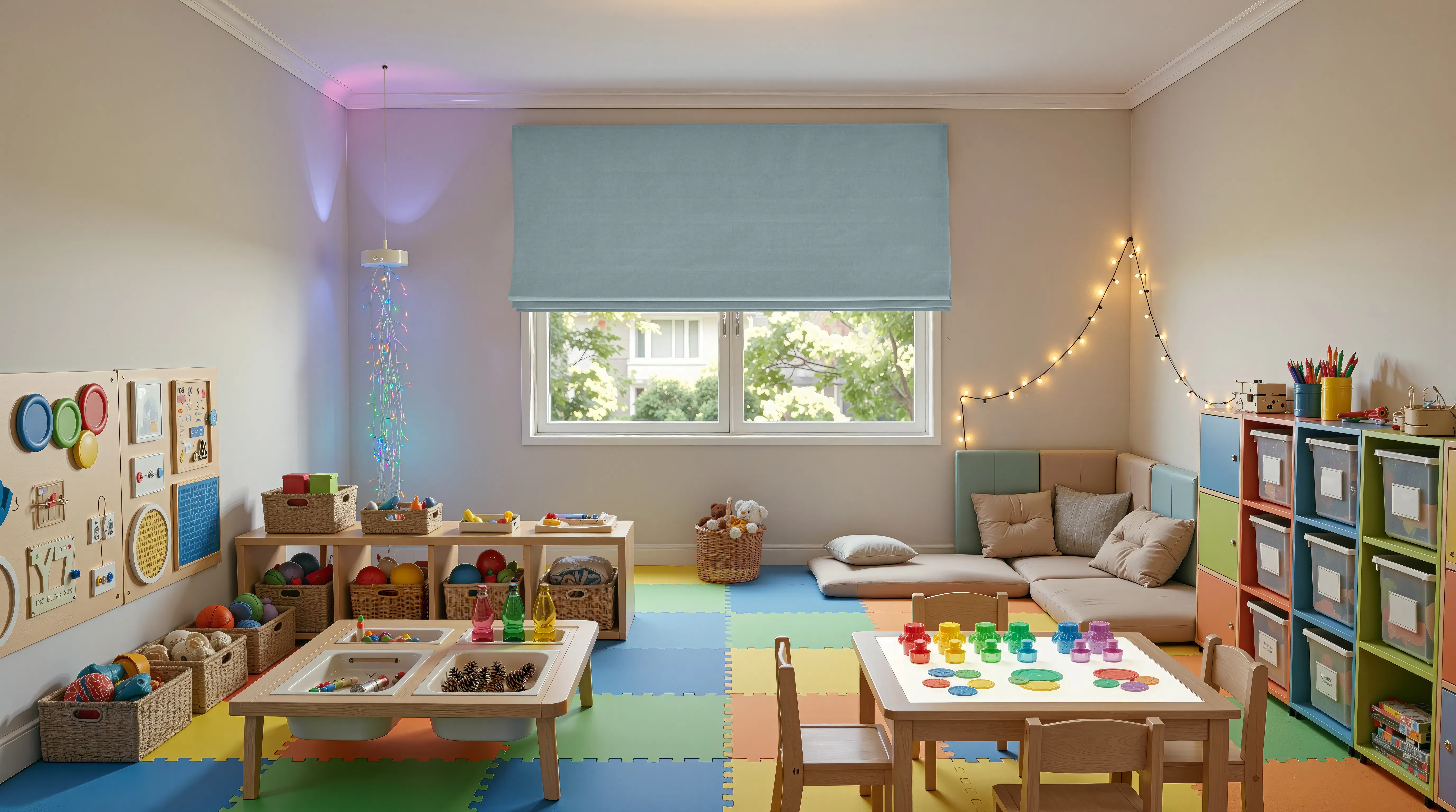 A bright children's playroom with a pale blue Roman blind, colourful foam floor tiles, wooden activity tables, storage cubes and a string of fairy lights.