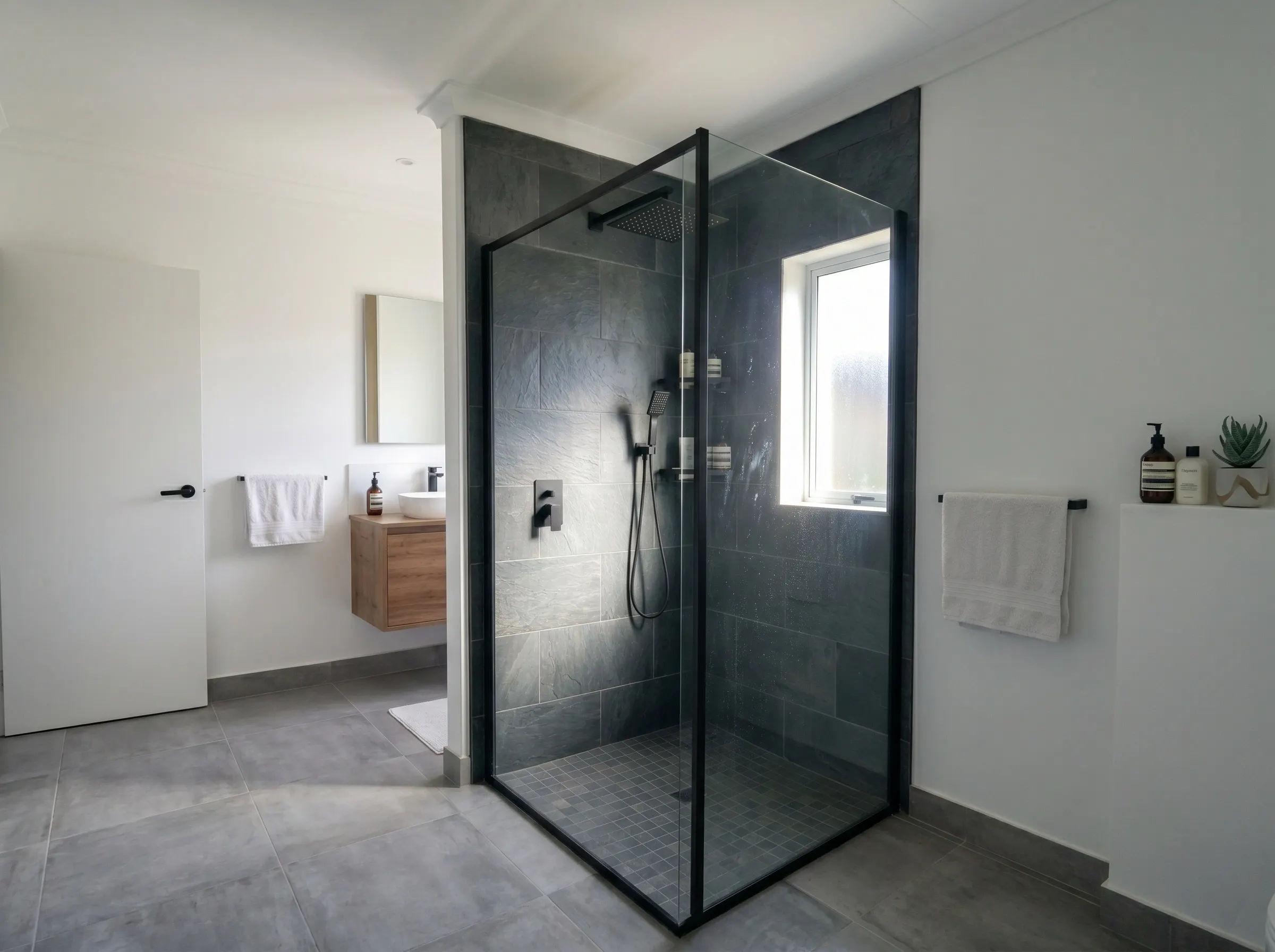 Badplanung von Dogan-Ulmer: Modernes Design-Bad mit Walk-in-Dusche, Schiefer-Optik und hochwertiger Sanitärinstallation.