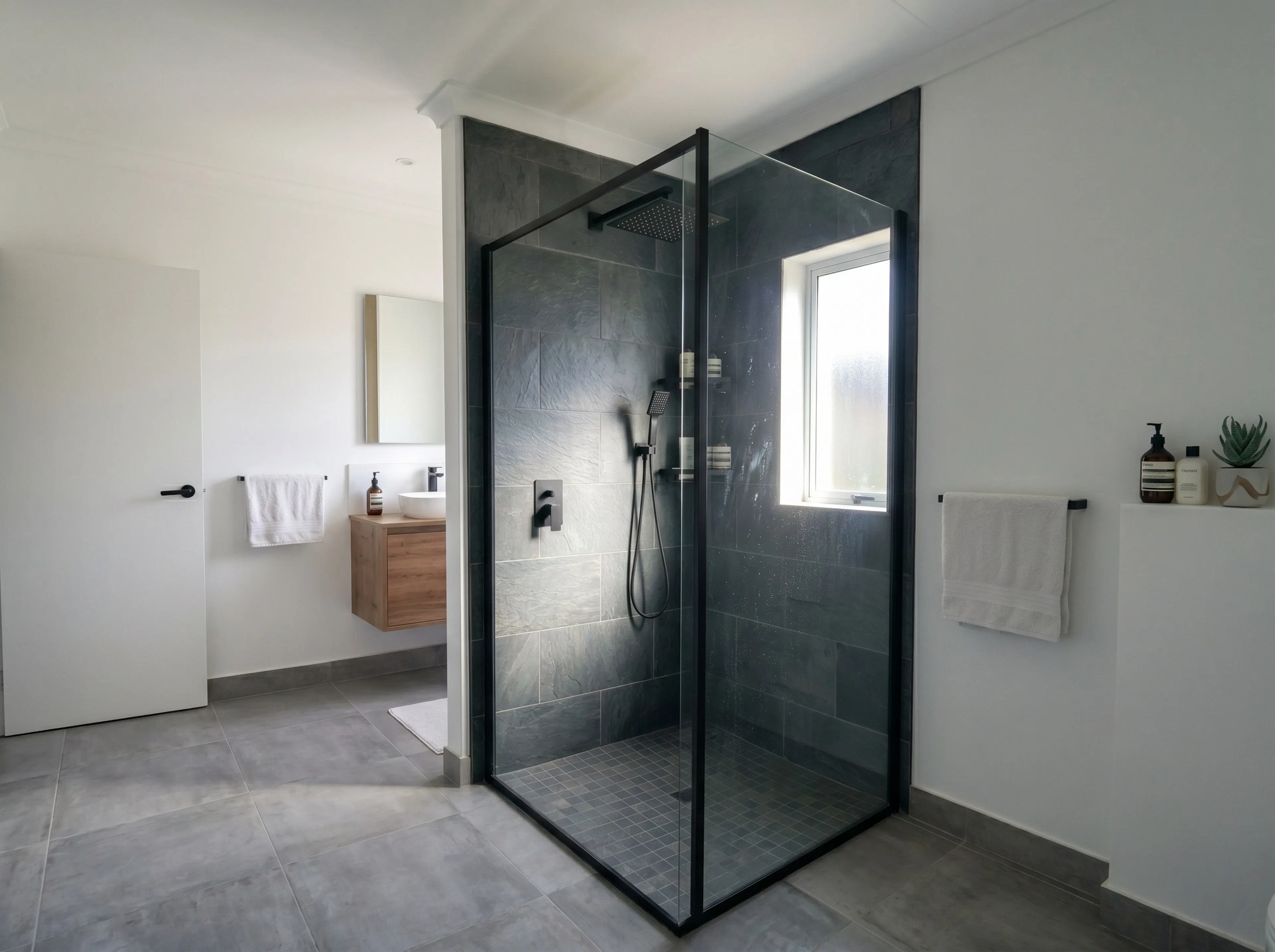 Badplanung von Dogan-Ulmer: Modernes Design-Bad mit Walk-in-Dusche, Schiefer-Optik und hochwertiger Sanitärinstallation.