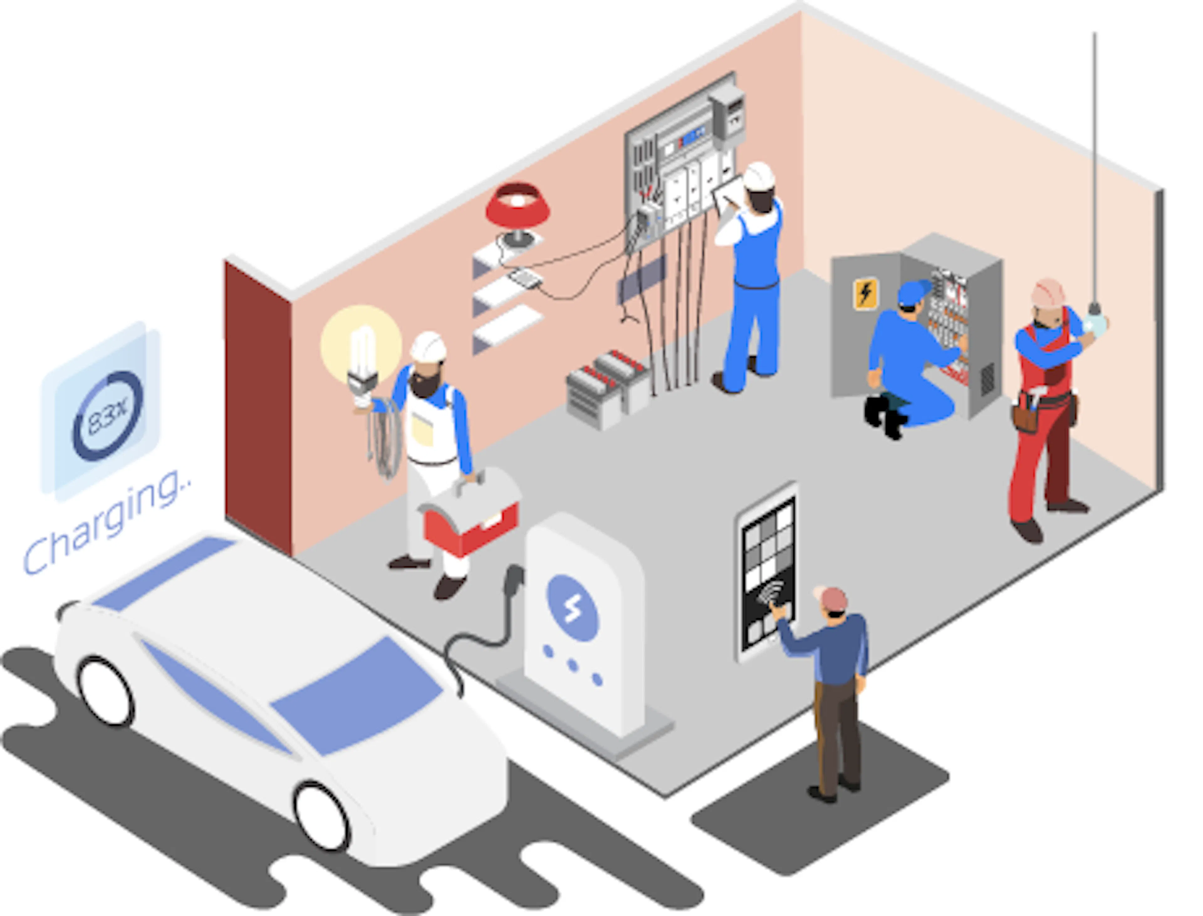 Illustration Elektro Hesser: Gebäudetechnik mit E-Auto an einer Wallbox, Smart-Home-Steuerung und Elektroinstallation.