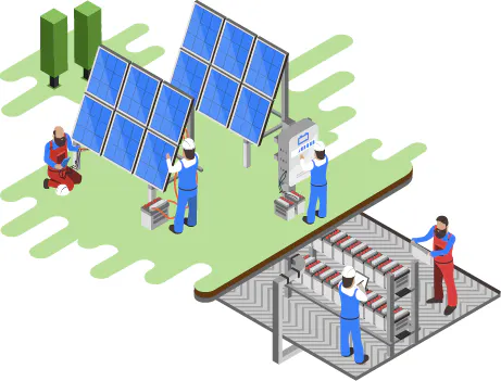 Illustration Elektro Hesser: Montage einer Photovoltaikanlage und Installation von Batteriespeichern durch Fachhandwerker.