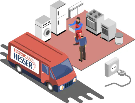 Hausgeräte-Service bei Elektro Hesser: Illustration zu Verkauf und Lieferung von Waschmaschinen, Herden und Kühlschränken.