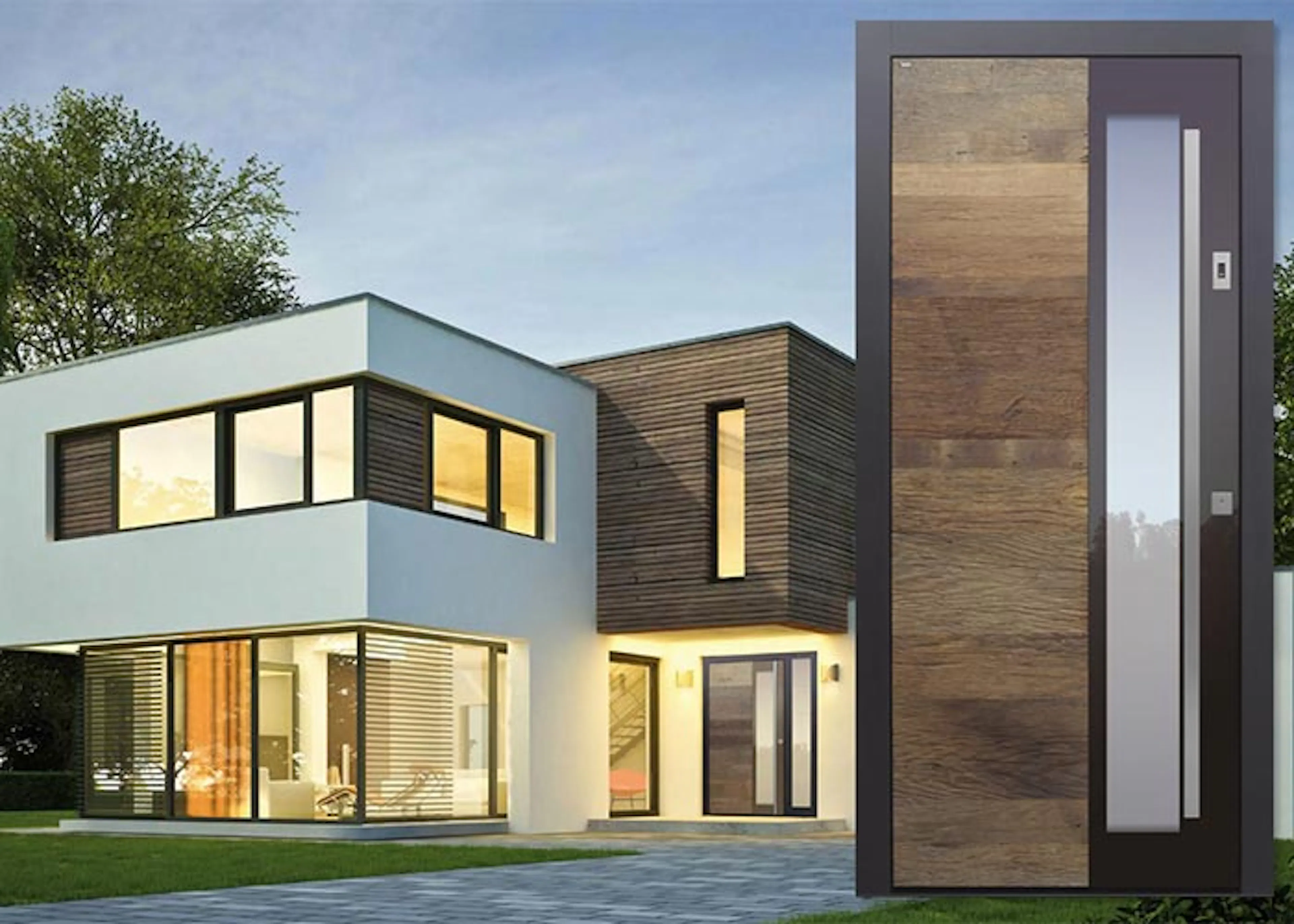 Exklusive Topic Haustür in Holzoptik von Krauß Bauelemente an einem modernen Architekturhaus mit großen Glasfronten.