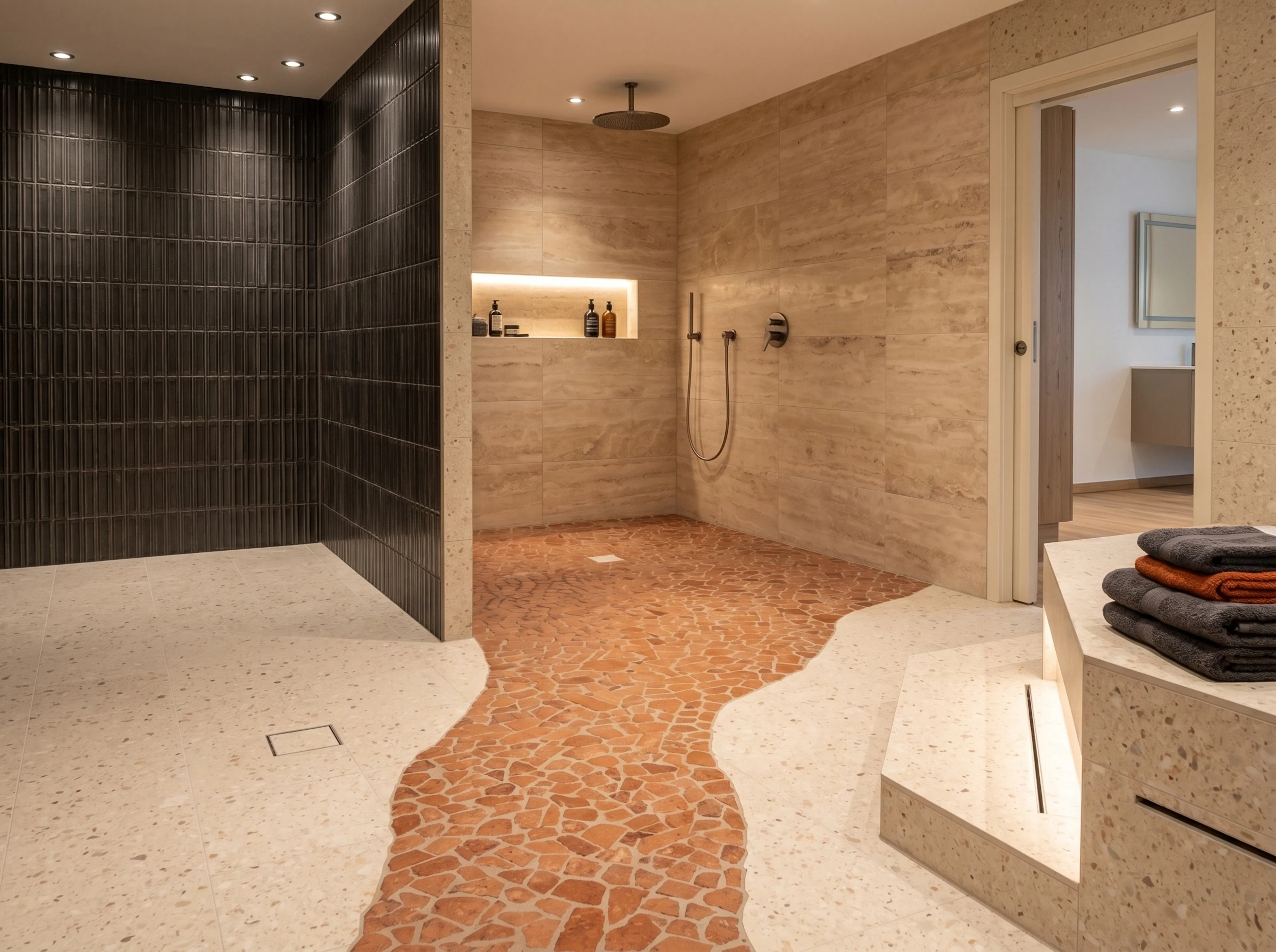 Referenz Fliesen Kurz: Exklusives Bad mit Mosaik-Bodenpfad, Travertin-Wänden und einer anthrazitfarbenen Akzentwand.