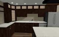Realistic 3D render of a custom kitchen with white countertops and dark cupboards - Hint of Honey