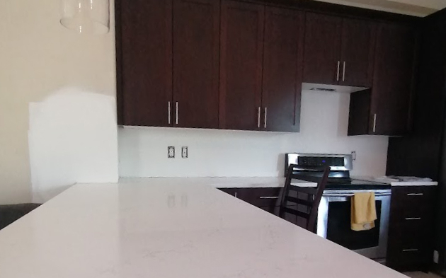 Custom kitchen design with white countertops and dark wood cupboards - Hint of Honey