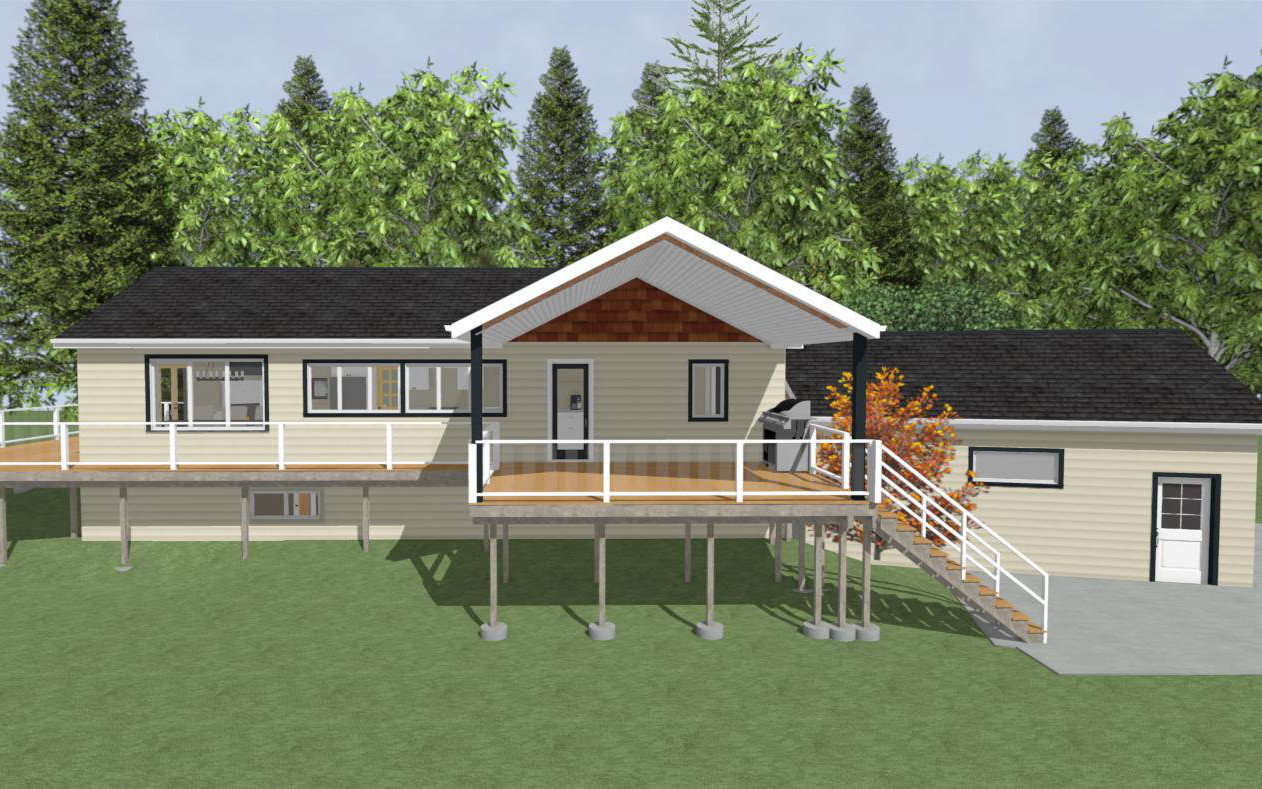 House with outdoor wrap around deck exterior render - Hint of Honey