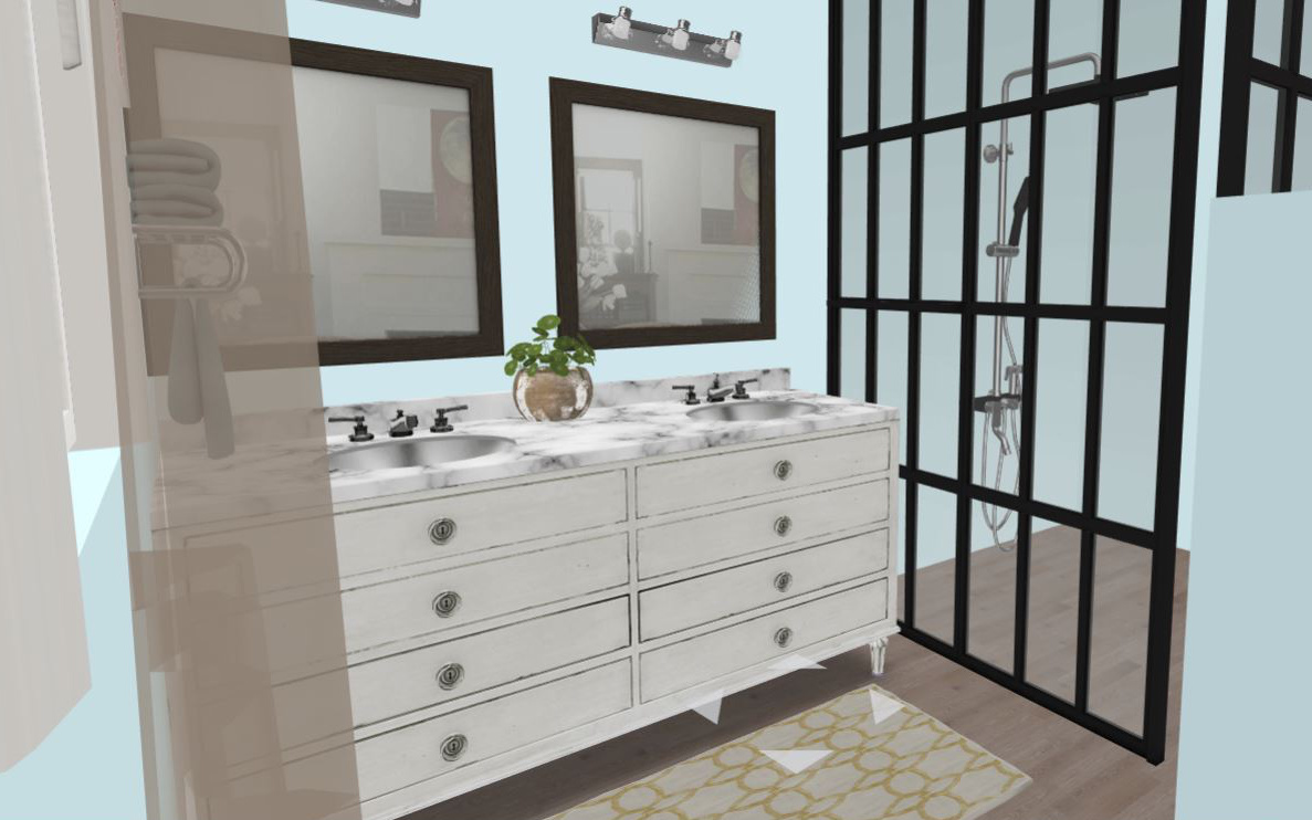 Custom bathroom 3D render with two sinks and walk in shower - Hint of Honey