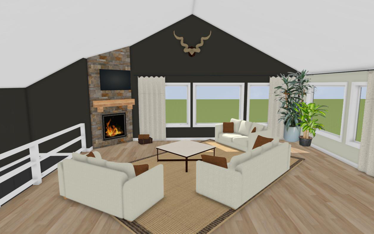 Living room with fireplace interior design 3D render - Hint of Honey