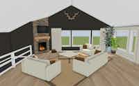 Living room with fireplace interior design 3D render - Hint of Honey