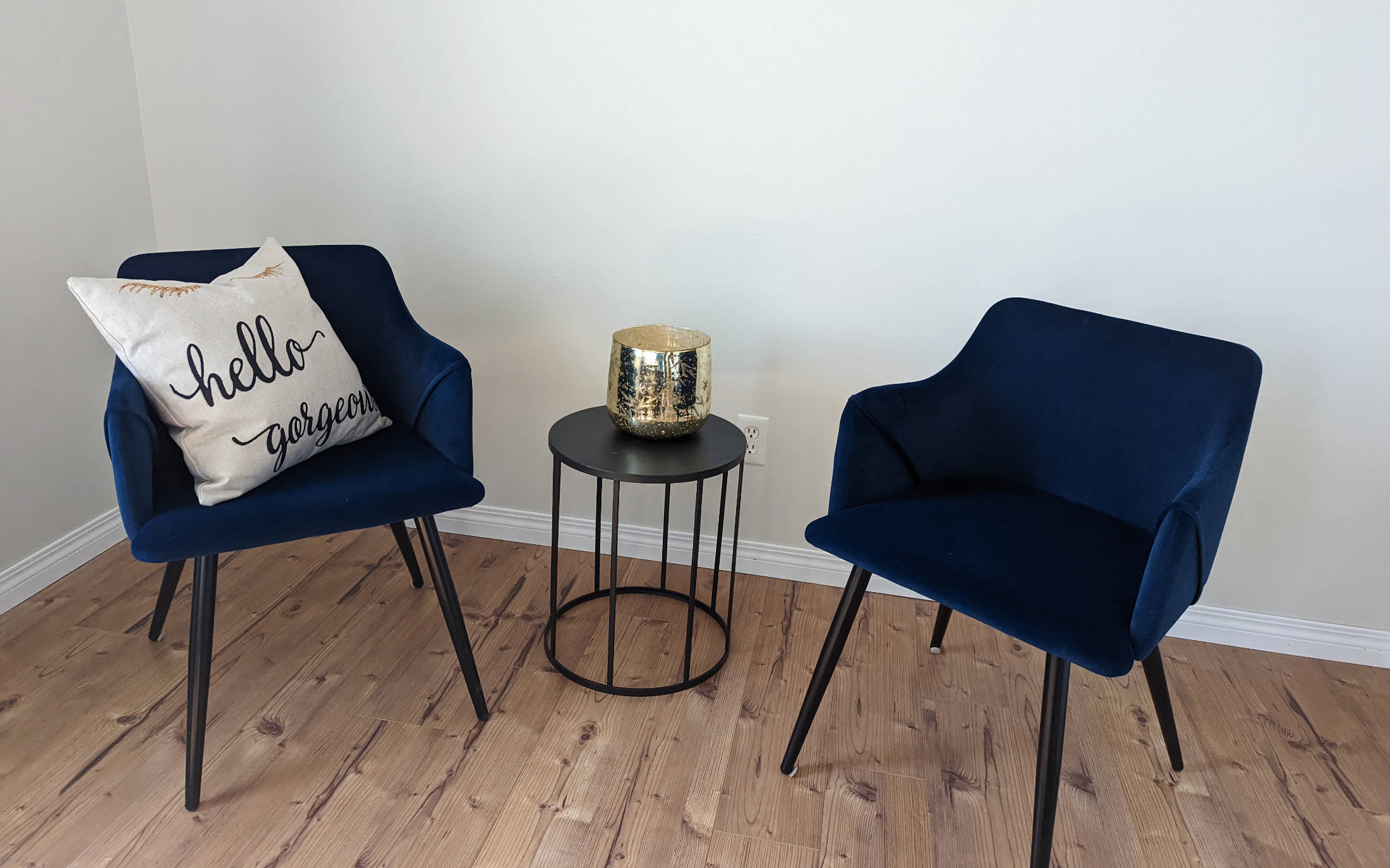 Staged sitting area with comfortable and stylish blue chairs - Hint of Honey