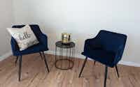 Staged sitting area with comfortable and stylish blue chairs - Hint of Honey