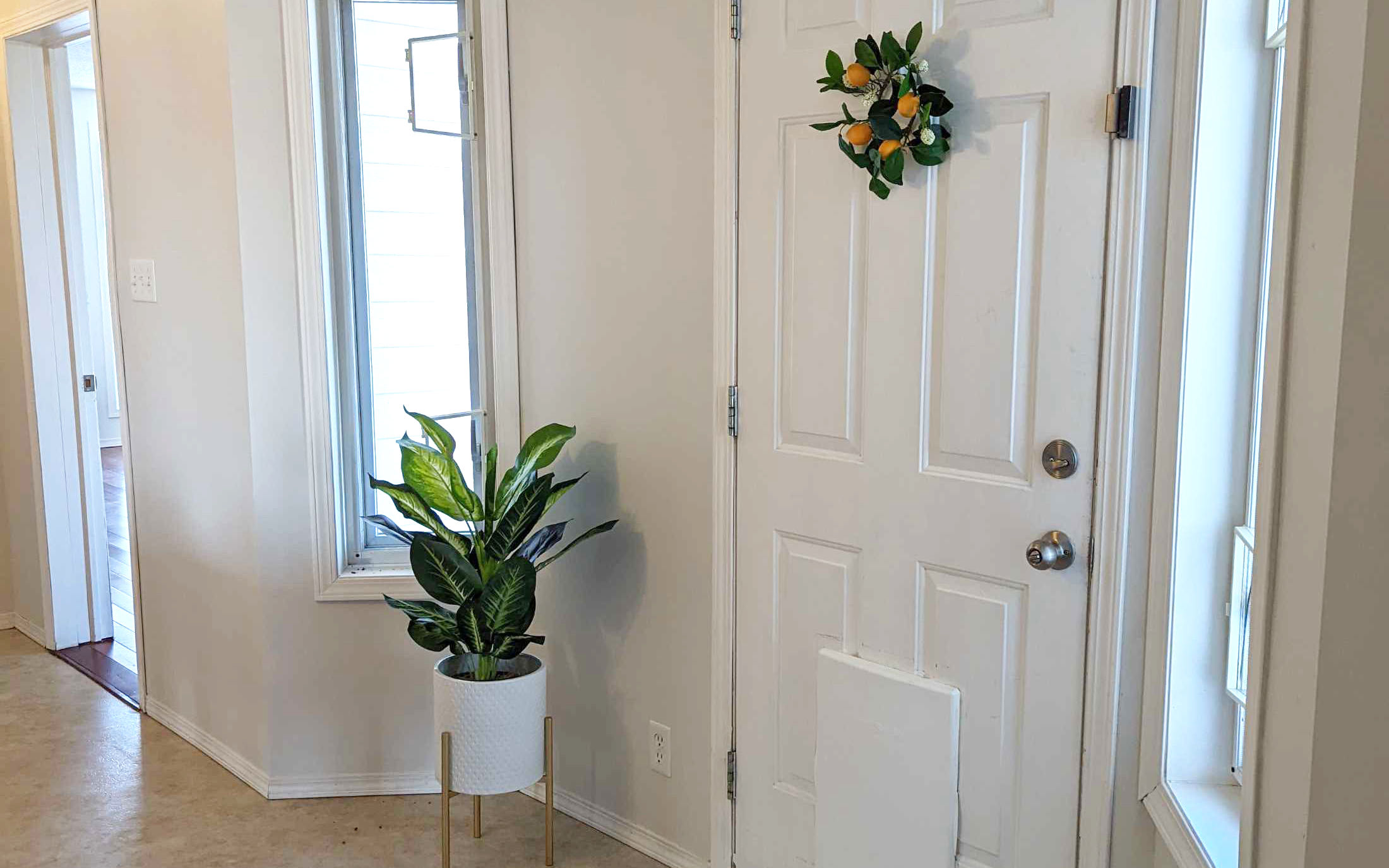 Staged entryway with plant and wreath - Hint of Honey