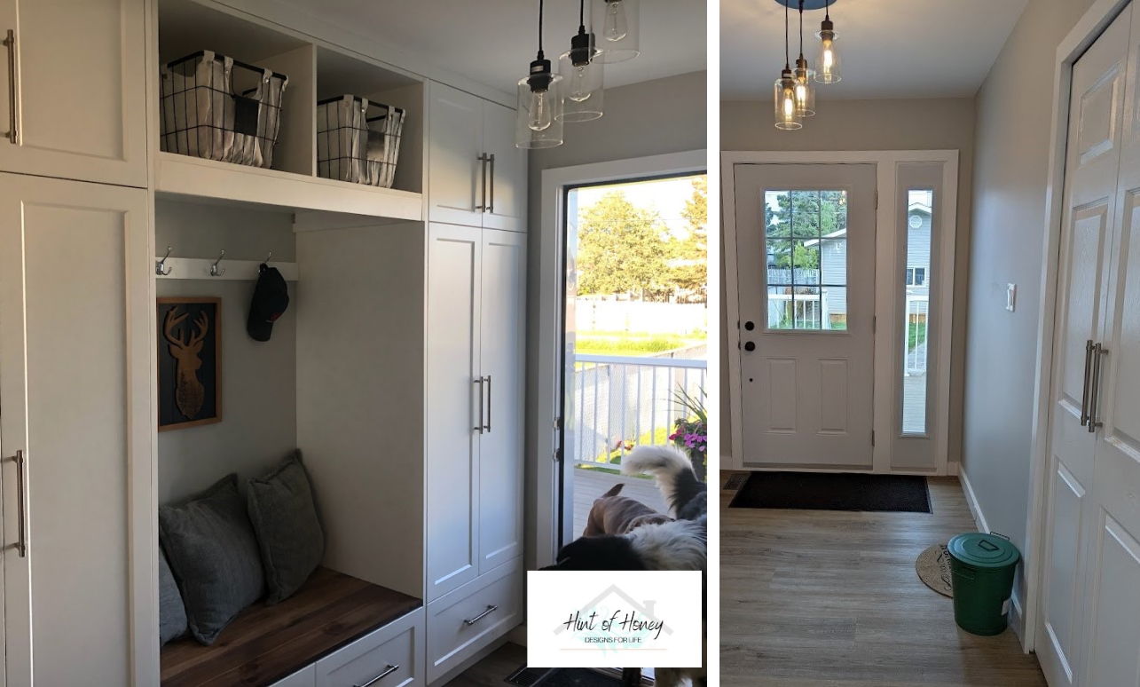 New home entryway with natural light and spacious storage, designed by Hint of Honey