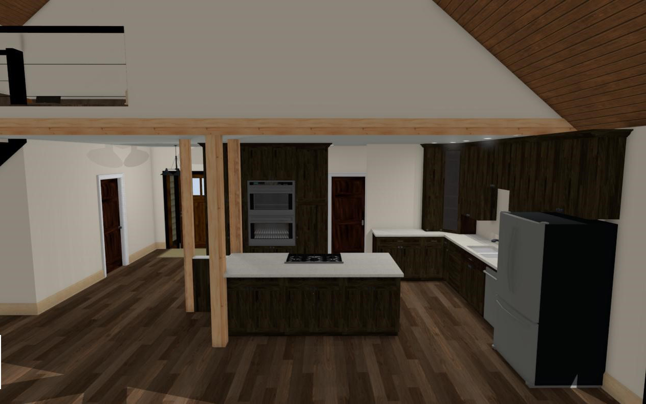 View into kitchen 3D rendered floor plan - Hint of Honey