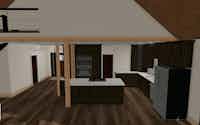 View into kitchen 3D rendered floor plan - Hint of Honey