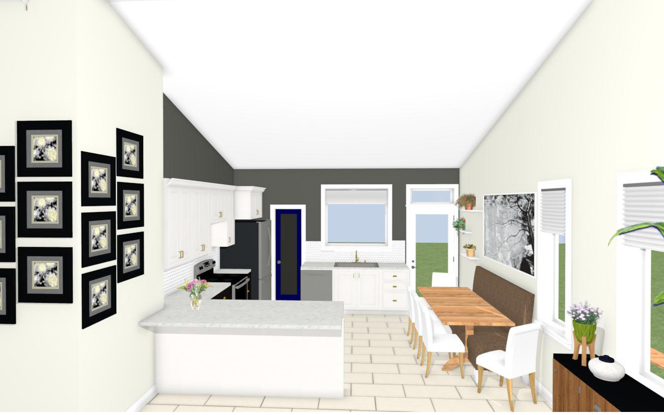 Custom dining room and kitchen interior design 3D render - Hint of Honey