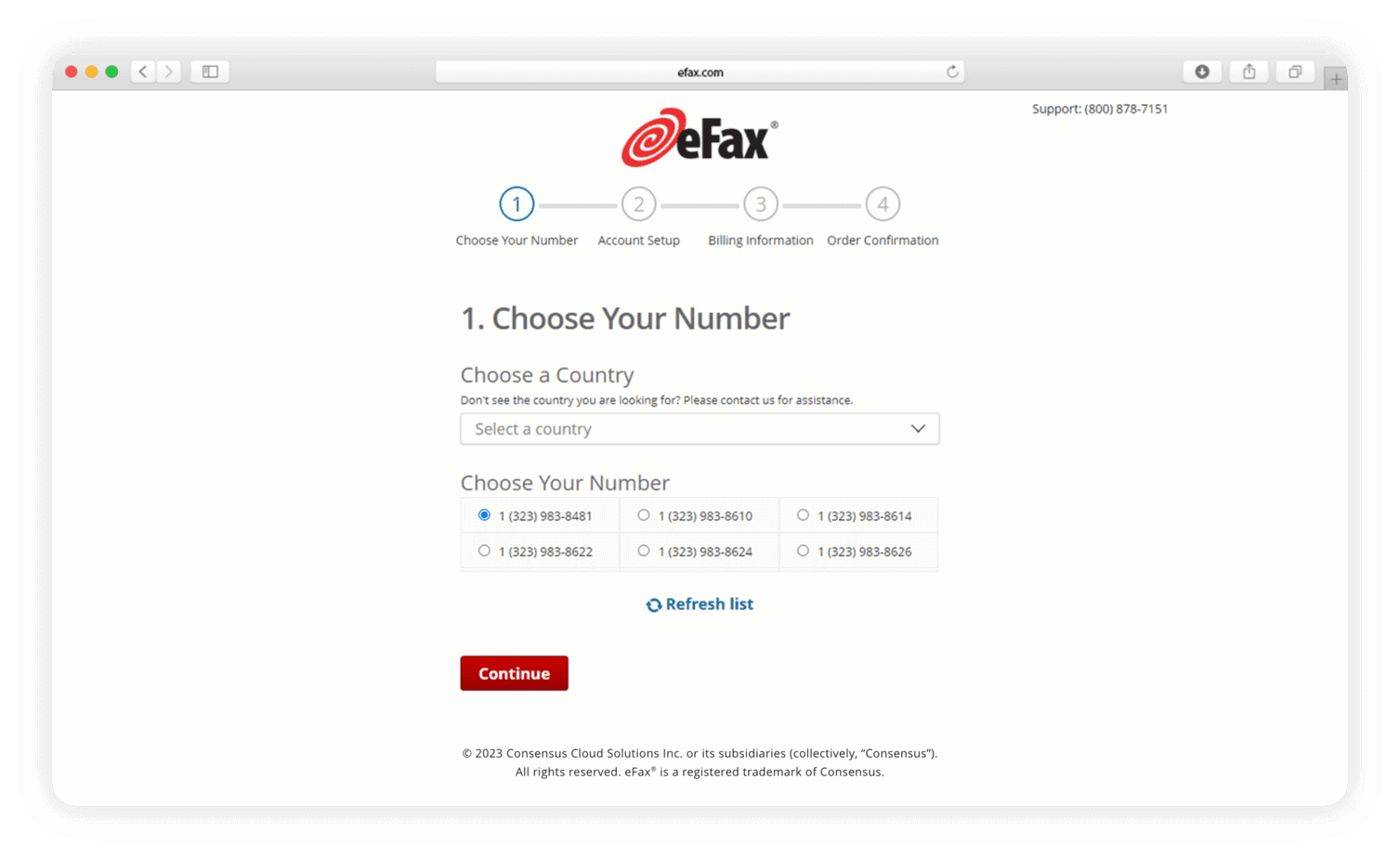Screenshot of eFax website