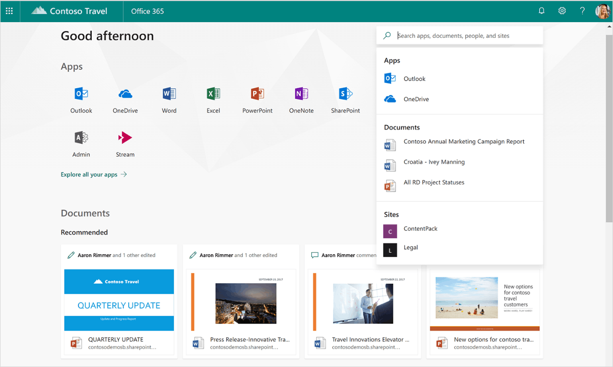 Screenshot of Office 365 dashboard showing a list of apps and documents
