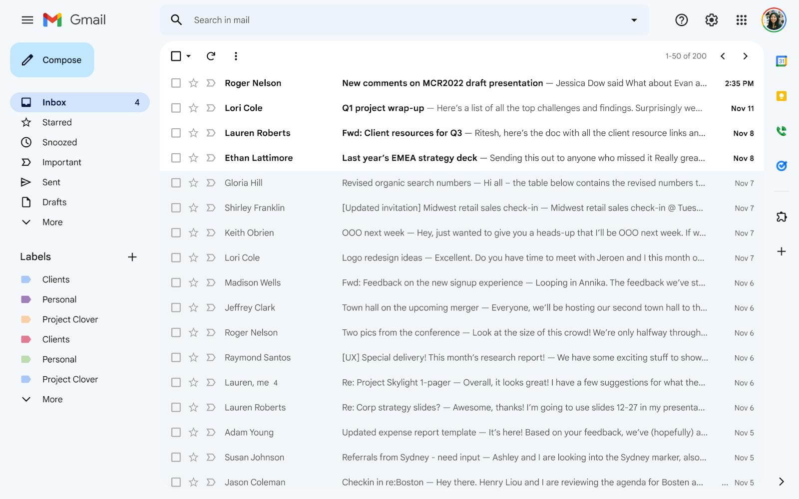 Photo of Gmail interface showing sample emails