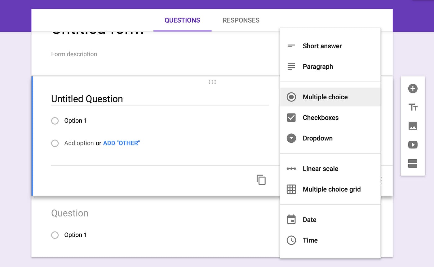 Screenshot of Google Forms showing form builder interface
