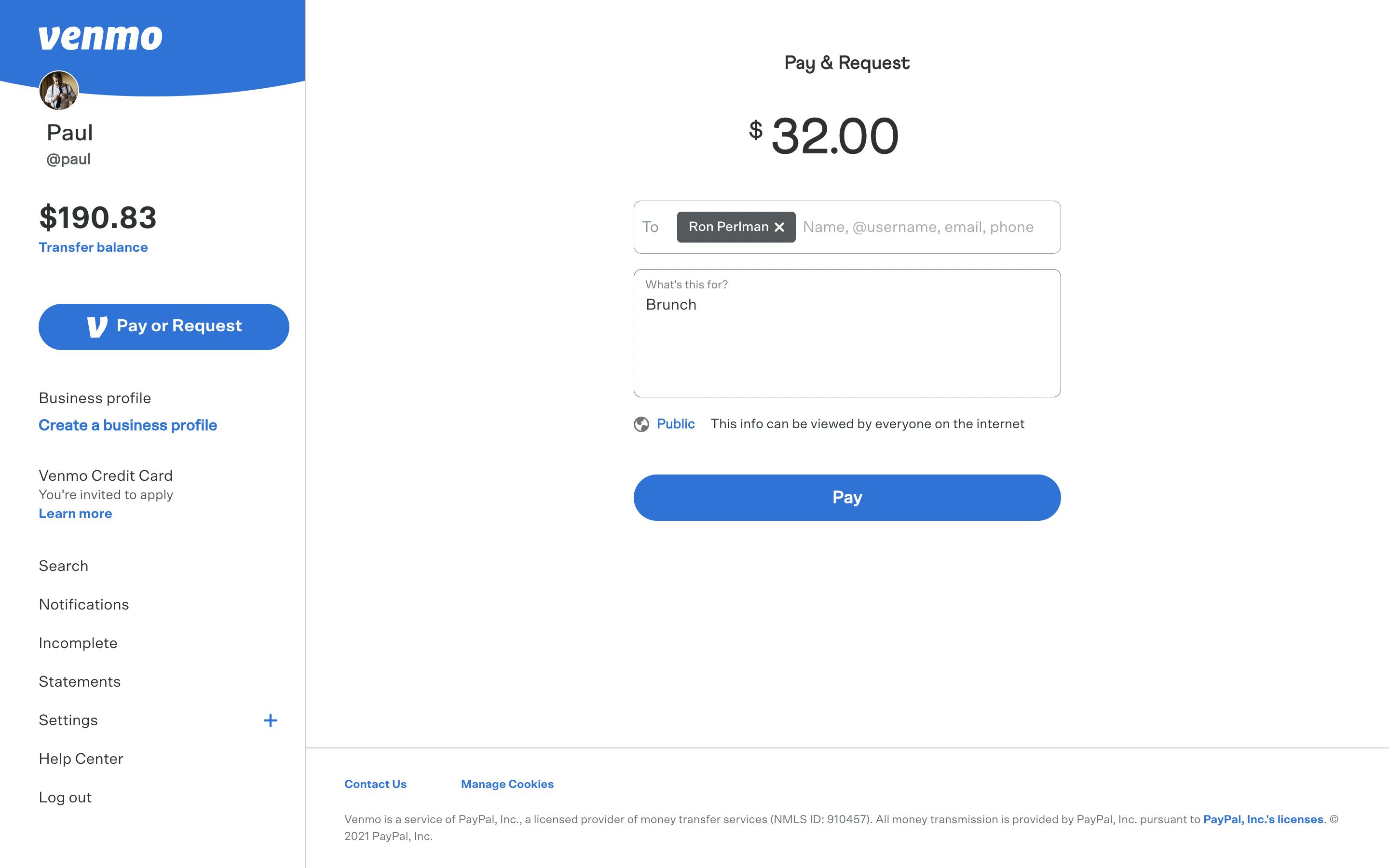 screenshot of venmo payment app