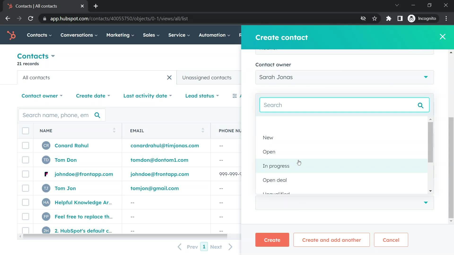 Screenshot of Hubspot platform showing contacts creation screen