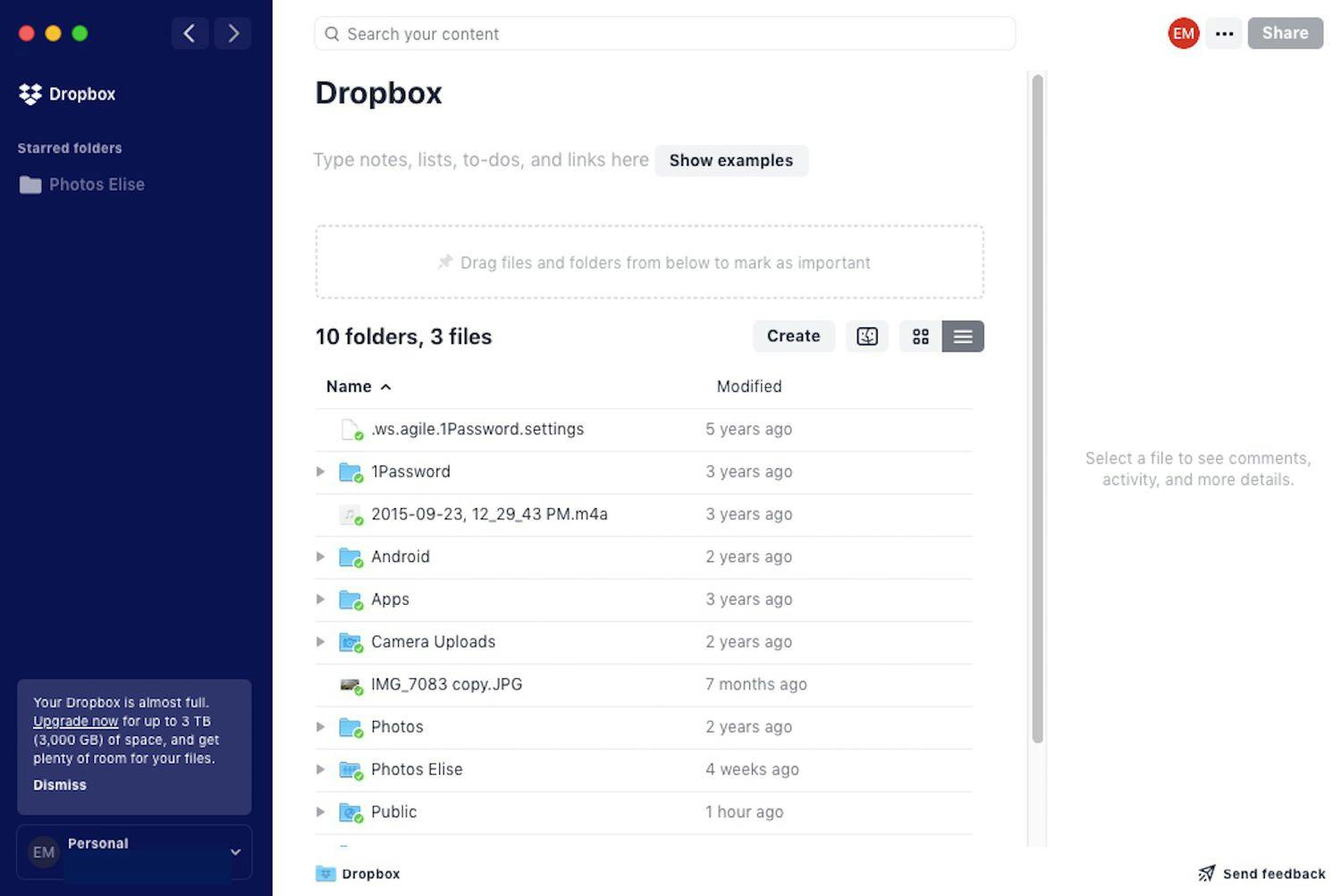 Screenshot of Dropbox platform