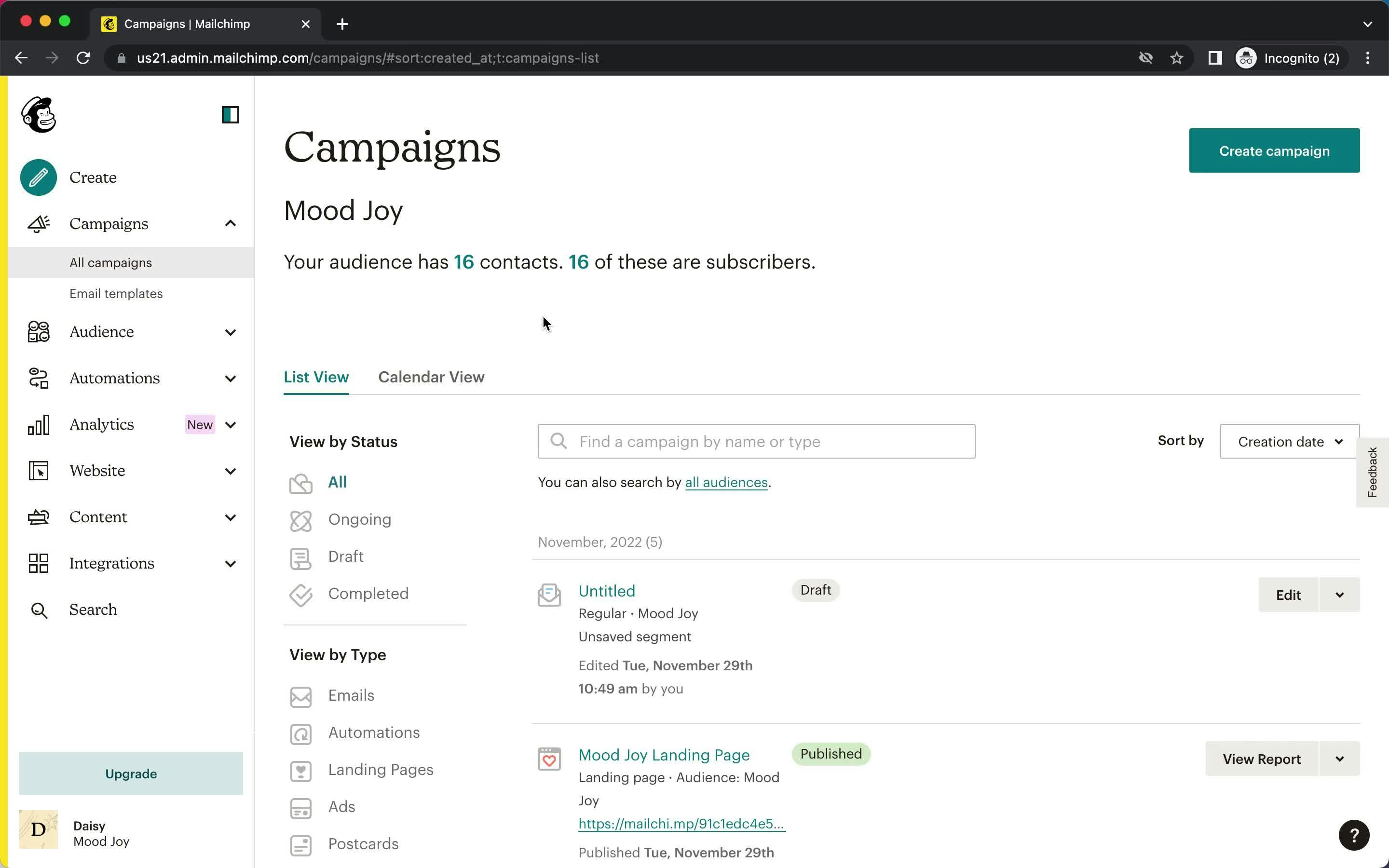 Screenshot of Mailchimp showing all campaigns