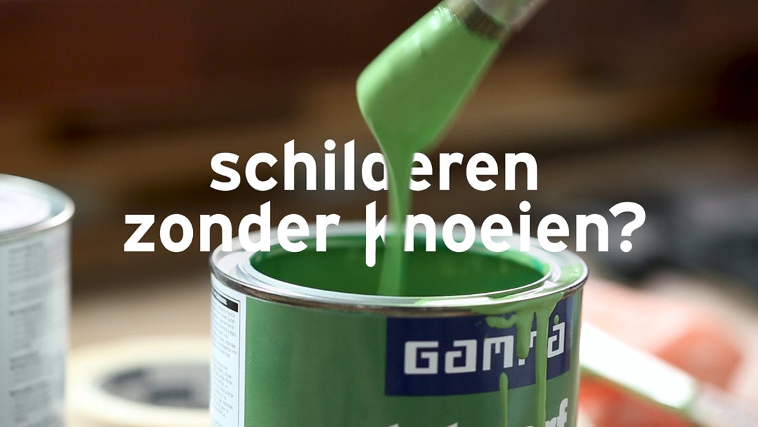 Paint bucket with the text: 'schilderen zonder knoeien?' 