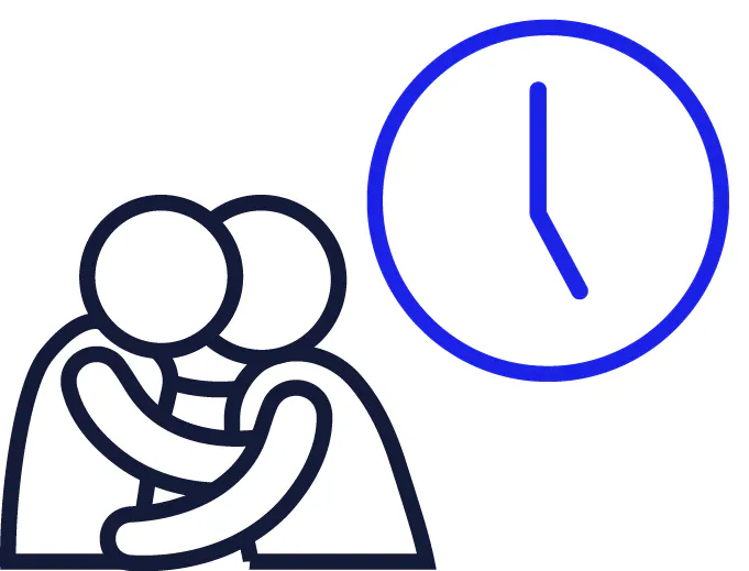 2 people holding each other and kissing. Next to them is a clock.