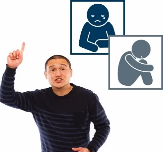 A man raising his hand to say something. There are icons for abuse and neglect next to him