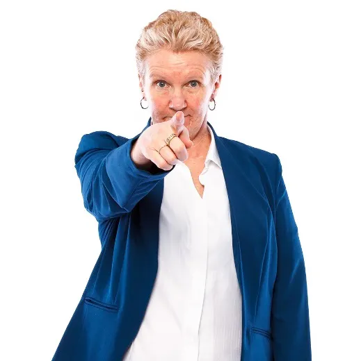 A woman pointing at you.